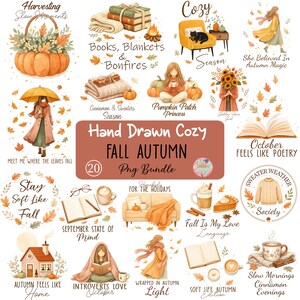 May include: A digital art bundle with a fall theme. The image features illustrations of pumpkins, books, cozy scenes, and text that reads "Hand Drawn Cozy Fall Autumn Png Bundle". The color palette includes warm oranges, browns, and yellows.
