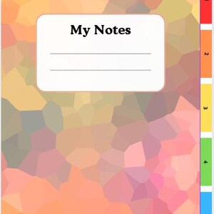 May include: Notebook with a colorful mosaic pattern in shades of orange, pink, and yellow. The cover features a white label with the text "My Notes" and lines for writing. The notebook has five colored tabs on the side.
