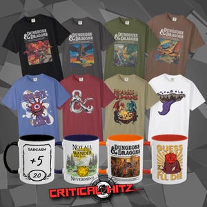 Several different RPG designs are shown printed on Mugs and T-Shirts in multiple colors. More D&D meme prints, Dungeons & Dragons vintage/retro graphics and RPG gamer gifts are available at Critical Hit Shop: RPG tabletop role play game merch and apparel.