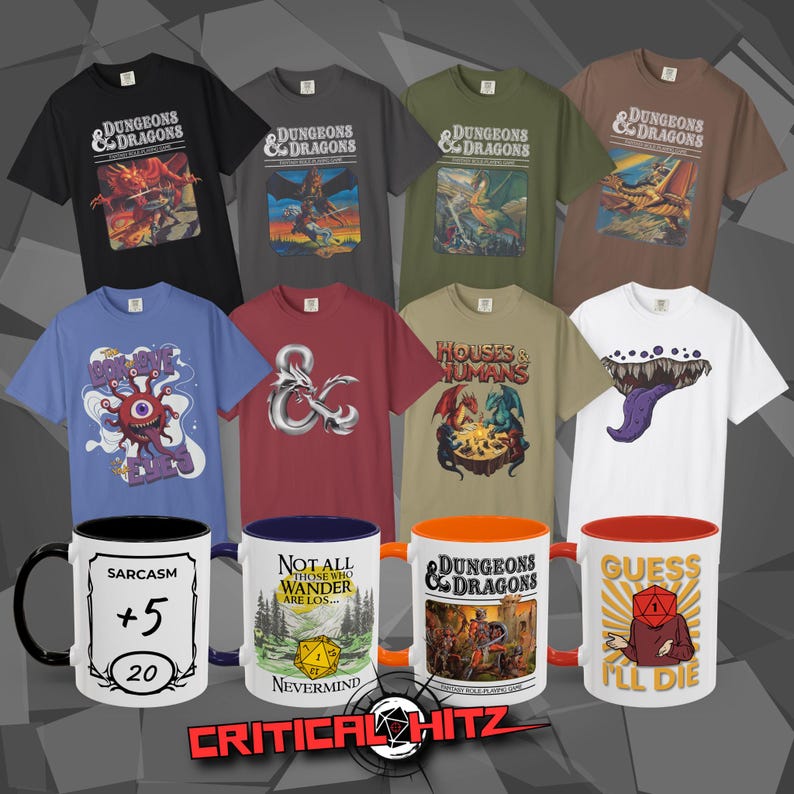 Several different RPG designs are shown printed on Mugs and T-Shirts in multiple colors. More D&D meme prints, Dungeons & Dragons vintage/retro graphics and RPG gamer gifts are available at Critical Hit Shop: RPG tabletop role play game merch and apparel.