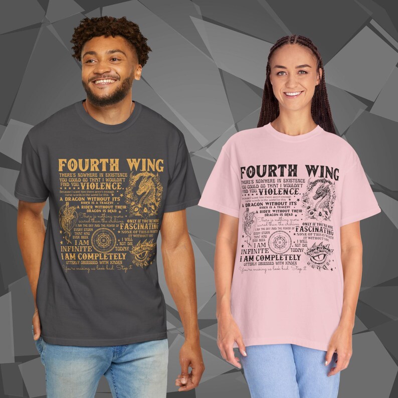 Comfort Colors unisex T-shirt featuring a Fourth Wing fantasy design inspired by the Empyrean Series. Premium quality 100% cotton shirt with a soft, relaxed fit, available in 13 colors and plus sizes. Bookish fantasy apparel inspired by Iron Flame, Onyx Storm, Basgiath War College, Dragon Riders, Fly or Die, and the Riders Quadrant, for fans of Violet Sorrengail, Xaden Riorson, and Rebecca Yarros.