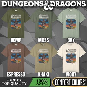 Comfort Colors T-shirt with a D&D vintage/retro 70s 80s style Dungeons & Dragons graphic. The shirt is 100% cotton, premium quality, available in 14 colors, unisex fit, plus size options. RPG tabletop role play gamer apparel.