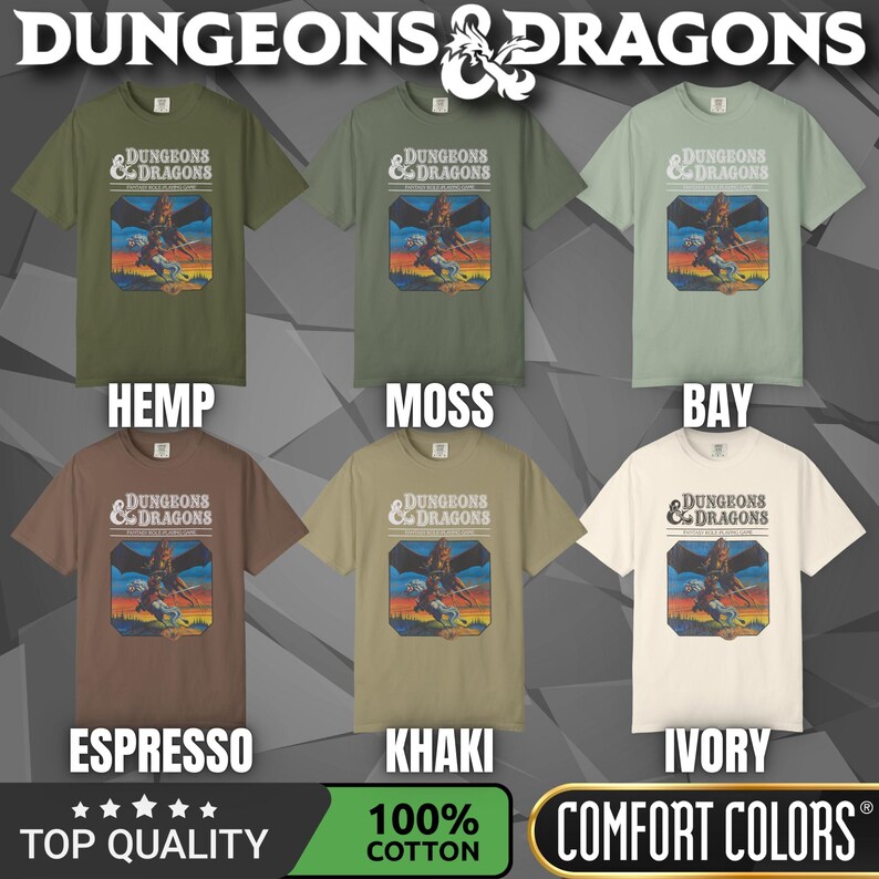 Comfort Colors T-shirt with a D&D vintage/retro 70s 80s style Dungeons & Dragons graphic. The shirt is 100% cotton, premium quality, available in 14 colors, unisex fit, plus size options. RPG tabletop role play gamer apparel.