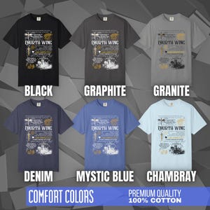 Comfort Colors unisex T-shirt featuring a Fourth Wing fantasy design inspired by the Empyrean Series. Premium quality 100% cotton shirt with a soft, relaxed fit, available in 14 colors and plus sizes. Bookish fantasy apparel inspired by Iron Flame, Onyx Storm, Basgiath War College, Dragon Riders, Fly or Die, and the Riders Quadrant, for fans of Violet Sorrengail, Xaden Riorson, and Rebecca Yarros.