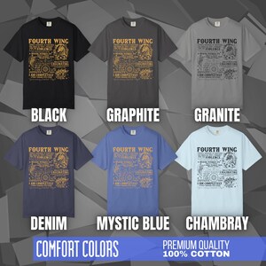 Comfort Colors unisex T-shirt featuring a Fourth Wing fantasy design inspired by the Empyrean Series. Premium quality 100% cotton shirt with a soft, relaxed fit, available in 13 colors and plus sizes. Bookish fantasy apparel inspired by Iron Flame, Onyx Storm, Basgiath War College, Dragon Riders, Fly or Die, and the Riders Quadrant, for fans of Violet Sorrengail, Xaden Riorson, and Rebecca Yarros.
