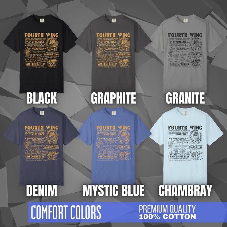 Comfort Colors unisex T-shirt featuring a Fourth Wing fantasy design inspired by the Empyrean Series. Premium quality 100% cotton shirt with a soft, relaxed fit, available in 13 colors and plus sizes. Bookish fantasy apparel inspired by Iron Flame, Onyx Storm, Basgiath War College, Dragon Riders, Fly or Die, and the Riders Quadrant, for fans of Violet Sorrengail, Xaden Riorson, and Rebecca Yarros.
