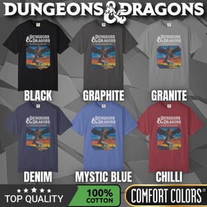 Comfort Colors T-shirt with a D&D vintage/retro 70s 80s style Dungeons & Dragons graphic. The shirt is 100% cotton, premium quality, available in 14 colors, unisex fit, plus size options. RPG tabletop role play gamer apparel.