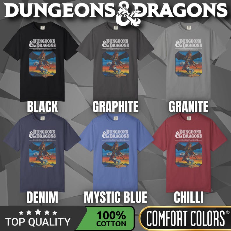 Comfort Colors T-shirt with a D&D vintage/retro 70s 80s style Dungeons & Dragons graphic. The shirt is 100% cotton, premium quality, available in 14 colors, unisex fit, plus size options. RPG tabletop role play gamer apparel.
