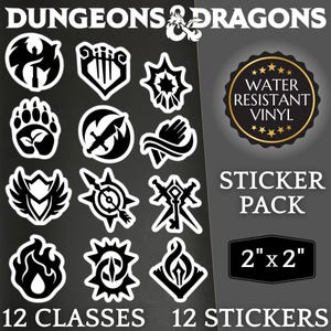 DnD ステッカー12枚パック。2024種類のクラスアイコン。キスカットビニールデカール。ダンジョンズ＆ドラゴンズキャラクタークラスシンボル。TTRPG D20ダイスロールプレイングゲーム