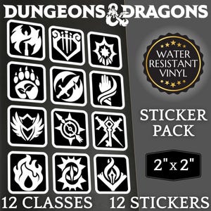 DnD 12枚入りステッカーパック。クラスアイコン2024。キスカットビニールデカール。ダンジョンズ＆ドラゴンズ キャラクタークラスシンボル。TTRPG D20ダイスロールプレイングゲーム
