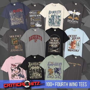 Several different designs are shown printed on T-Shirts in multiple colors. 100+ Fourth Wing tees are available at Critical Hit Shop: Bookish fantasy apparel inspired by the Empyrean Series, Fourth Wing, Iron Flame, Onyx Storm, Basgiath War College, Dragon Riders, Fly or Die, and the Riders Quadrant, for fans of Violet Sorrengail, Xaden Riorson, and Rebecca Yarros.