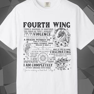 Comfort Colors unisex T-shirt featuring a Fourth Wing fantasy design inspired by the Empyrean Series. Premium quality 100% cotton shirt with a soft, relaxed fit, available in 13 colors and plus sizes. Bookish fantasy apparel inspired by Iron Flame, Onyx Storm, Basgiath War College, Dragon Riders, Fly or Die, and the Riders Quadrant, for fans of Violet Sorrengail, Xaden Riorson, and Rebecca Yarros.