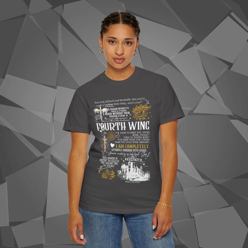 Comfort Colors unisex T-shirt featuring a Fourth Wing fantasy design inspired by the Empyrean Series. Premium quality 100% cotton shirt with a soft, relaxed fit, available in 14 colors and plus sizes. Bookish fantasy apparel inspired by Iron Flame, Onyx Storm, Basgiath War College, Dragon Riders, Fly or Die, and the Riders Quadrant, for fans of Violet Sorrengail, Xaden Riorson, and Rebecca Yarros.