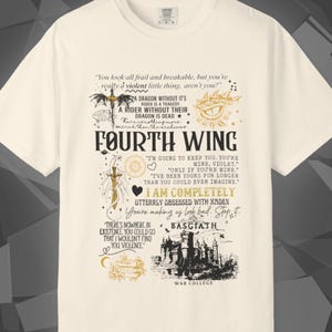 Comfort Colors unisex T-shirt featuring a Fourth Wing fantasy design inspired by the Empyrean Series. Premium quality 100% cotton shirt with a soft, relaxed fit, available in 14 colors and plus sizes. Bookish fantasy apparel inspired by Iron Flame, Onyx Storm, Basgiath War College, Dragon Riders, Fly or Die, and the Riders Quadrant, for fans of Violet Sorrengail, Xaden Riorson, and Rebecca Yarros.