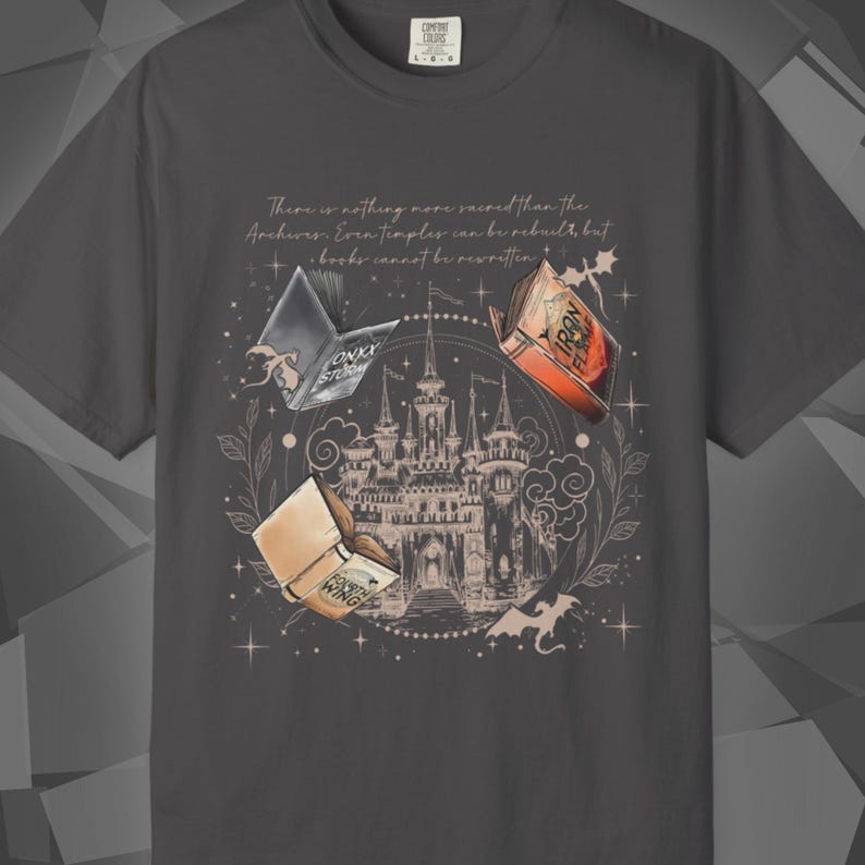 Comfort Colors unisex T-shirt featuring a Fourth Wing fantasy design inspired by the Empyrean Series. Premium quality 100% cotton shirt with a soft, relaxed fit, available in 14 colors and plus sizes. Bookish fantasy apparel inspired by Iron Flame, Onyx Storm, Basgiath War College, Dragon Riders, Fly or Die, and the Riders Quadrant, for fans of Violet Sorrengail, Xaden Riorson, and Rebecca Yarros.