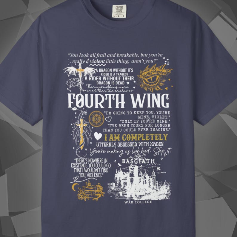 Comfort Colors unisex T-shirt featuring a Fourth Wing fantasy design inspired by the Empyrean Series. Premium quality 100% cotton shirt with a soft, relaxed fit, available in 14 colors and plus sizes. Bookish fantasy apparel inspired by Iron Flame, Onyx Storm, Basgiath War College, Dragon Riders, Fly or Die, and the Riders Quadrant, for fans of Violet Sorrengail, Xaden Riorson, and Rebecca Yarros.