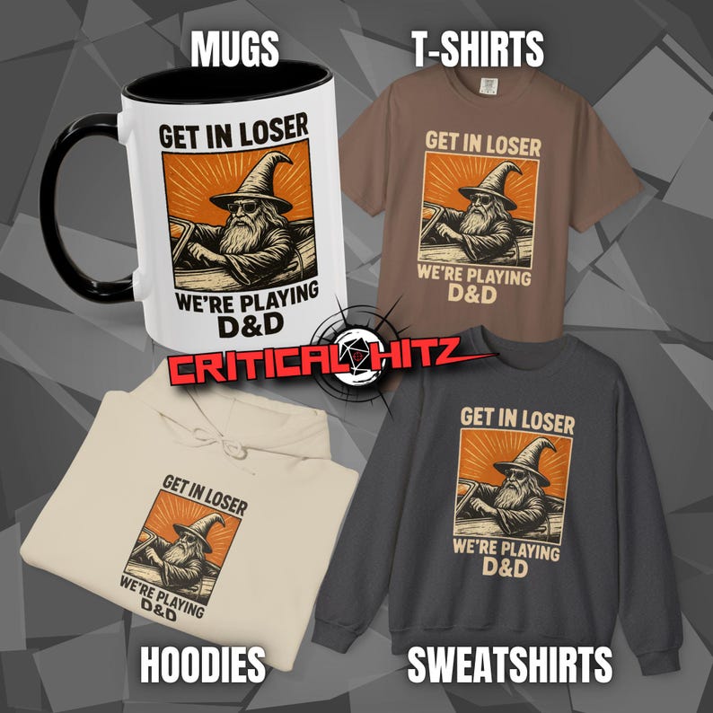 The same design shown on a Mug, T-Shirt, Hoodie and Sweatshirt. This print is available on other products, links are in the description. More D&D meme prints, Dungeons & Dragons vintage/retro graphics and RPG gamer gifts are available at Critical Hit Shop: RPG tabletop role play game merch and apparel.