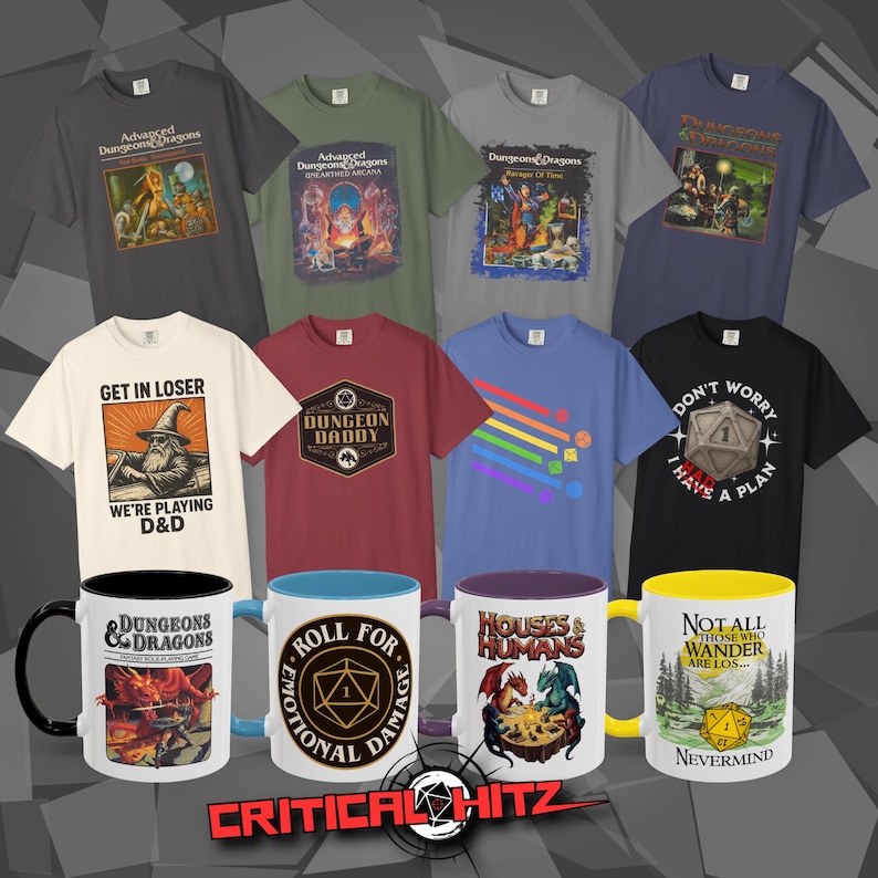 Several different RPG designs are shown printed on Mugs and T-Shirts in multiple colors. More D&D meme prints, Dungeons & Dragons vintage/retro graphics and RPG gamer gifts are available at Critical Hit Shop: RPG tabletop role play game merch and apparel.