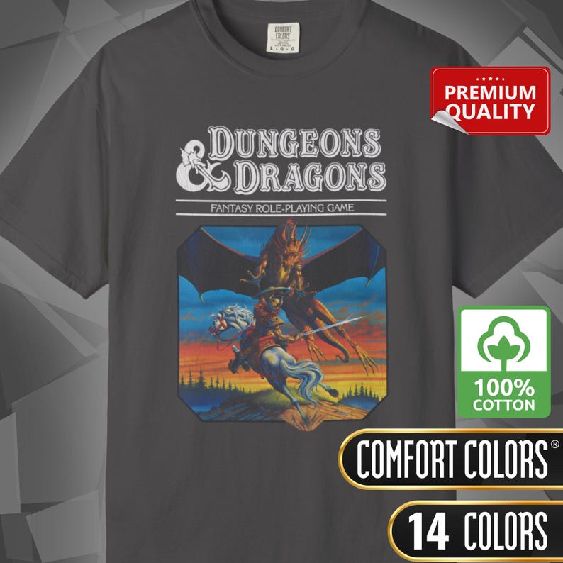 Comfort Colors T-shirt with a D&D vintage/retro 70s 80s style Dungeons & Dragons graphic. The shirt is 100% cotton, premium quality, available in 14 colors, unisex fit, plus size options. RPG tabletop role play gamer apparel.