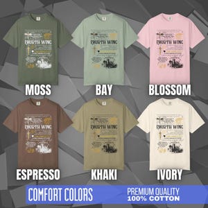 Comfort Colors unisex T-shirt featuring a Fourth Wing fantasy design inspired by the Empyrean Series. Premium quality 100% cotton shirt with a soft, relaxed fit, available in 14 colors and plus sizes. Bookish fantasy apparel inspired by Iron Flame, Onyx Storm, Basgiath War College, Dragon Riders, Fly or Die, and the Riders Quadrant, for fans of Violet Sorrengail, Xaden Riorson, and Rebecca Yarros.