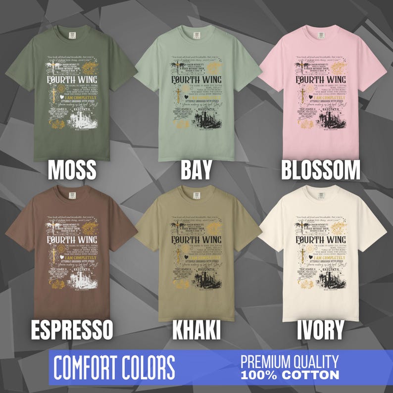Comfort Colors unisex T-shirt featuring a Fourth Wing fantasy design inspired by the Empyrean Series. Premium quality 100% cotton shirt with a soft, relaxed fit, available in 14 colors and plus sizes. Bookish fantasy apparel inspired by Iron Flame, Onyx Storm, Basgiath War College, Dragon Riders, Fly or Die, and the Riders Quadrant, for fans of Violet Sorrengail, Xaden Riorson, and Rebecca Yarros.