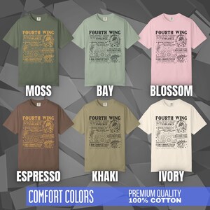 Comfort Colors unisex T-shirt featuring a Fourth Wing fantasy design inspired by the Empyrean Series. Premium quality 100% cotton shirt with a soft, relaxed fit, available in 13 colors and plus sizes. Bookish fantasy apparel inspired by Iron Flame, Onyx Storm, Basgiath War College, Dragon Riders, Fly or Die, and the Riders Quadrant, for fans of Violet Sorrengail, Xaden Riorson, and Rebecca Yarros.