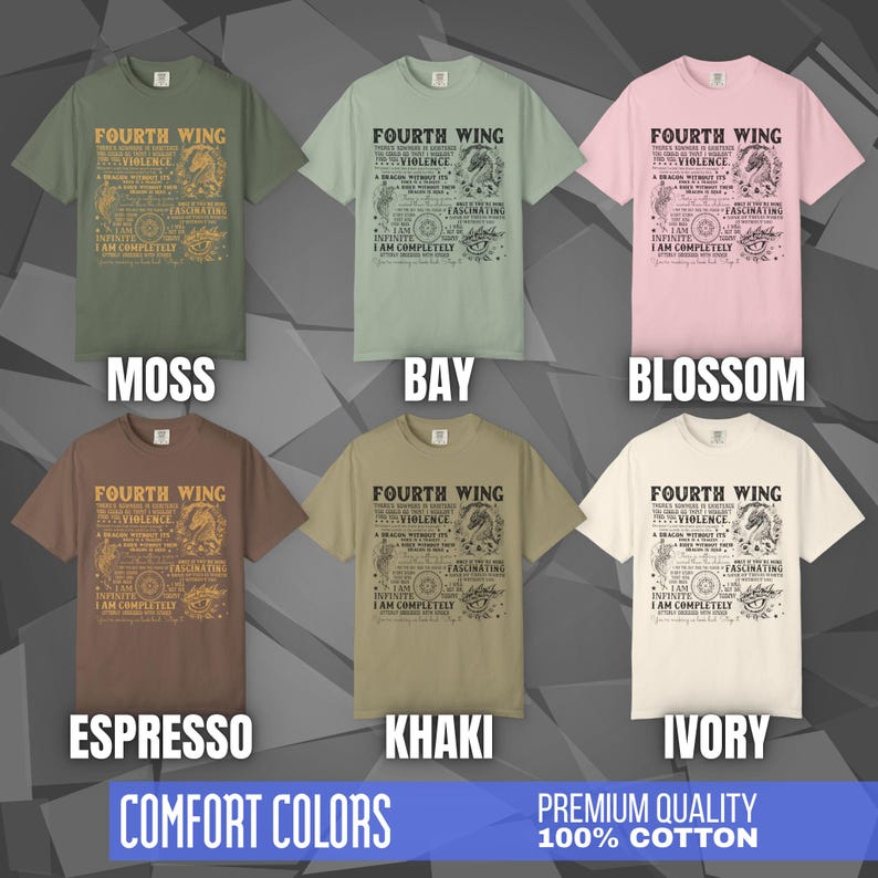 Comfort Colors unisex T-shirt featuring a Fourth Wing fantasy design inspired by the Empyrean Series. Premium quality 100% cotton shirt with a soft, relaxed fit, available in 13 colors and plus sizes. Bookish fantasy apparel inspired by Iron Flame, Onyx Storm, Basgiath War College, Dragon Riders, Fly or Die, and the Riders Quadrant, for fans of Violet Sorrengail, Xaden Riorson, and Rebecca Yarros.