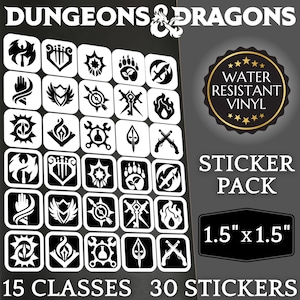 DnD ステッカー30枚パック。2024種類のクラスアイコン。キスカットビニールデカール。ダンジョンズ＆ドラゴンズキャラクタークラスシンボル。TTRPG D20ダイスロールプレイングゲーム