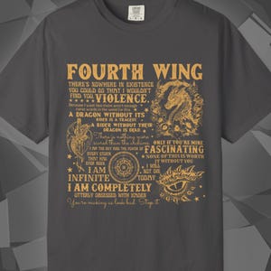 Comfort Colors unisex T-shirt featuring a Fourth Wing fantasy design inspired by the Empyrean Series. Premium quality 100% cotton shirt with a soft, relaxed fit, available in 13 colors and plus sizes. Bookish fantasy apparel inspired by Iron Flame, Onyx Storm, Basgiath War College, Dragon Riders, Fly or Die, and the Riders Quadrant, for fans of Violet Sorrengail, Xaden Riorson, and Rebecca Yarros.
