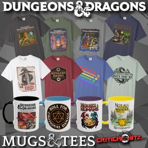 Several Mugs & T-Shirts with different RPG graphics and colors. More D&D meme prints, Dungeons & Dragons vintage/retro graphics and RPG gamer gifts are available at Critical Hit Shop: RPG tabletop role play game merch.