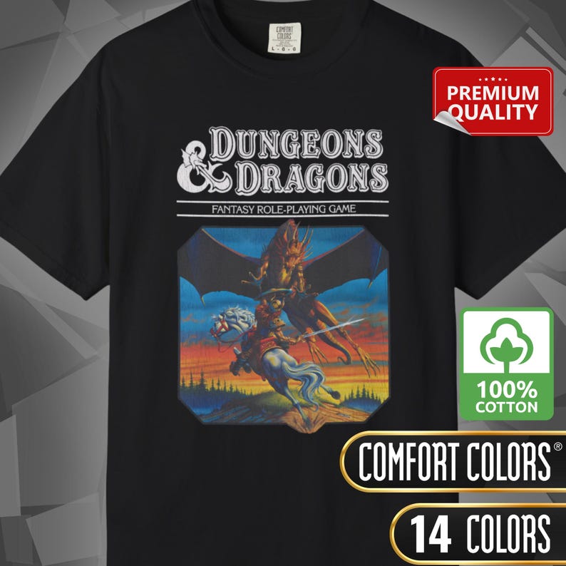 Comfort Colors T-shirt with a D&D vintage/retro 70s 80s style Dungeons & Dragons graphic. The shirt is 100% cotton, premium quality, available in 14 colors, unisex fit, plus size options. RPG tabletop role play gamer apparel.