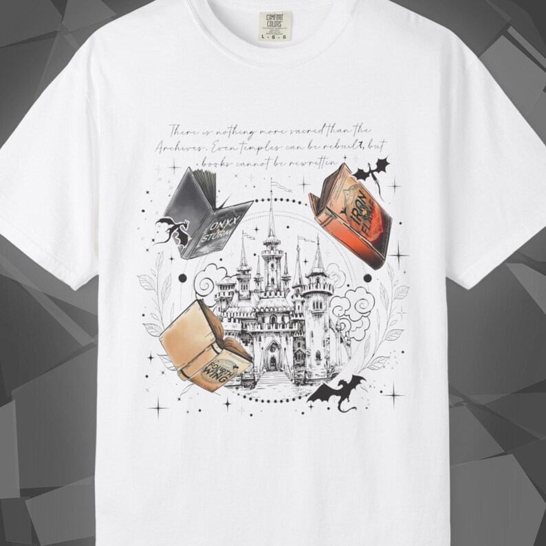 Comfort Colors unisex T-shirt featuring a Fourth Wing fantasy design inspired by the Empyrean Series. Premium quality 100% cotton shirt with a soft, relaxed fit, available in 14 colors and plus sizes. Bookish fantasy apparel inspired by Iron Flame, Onyx Storm, Basgiath War College, Dragon Riders, Fly or Die, and the Riders Quadrant, for fans of Violet Sorrengail, Xaden Riorson, and Rebecca Yarros.