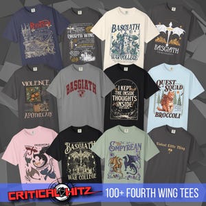 Several different designs are shown printed on T-Shirts in multiple colors. 100+ Fourth Wing tees are available at Critical Hit Shop: Bookish fantasy apparel inspired by the Empyrean Series, Fourth Wing, Iron Flame, Onyx Storm, Basgiath War College, Dragon Riders, Fly or Die, and the Riders Quadrant, for fans of Violet Sorrengail, Xaden Riorson, and Rebecca Yarros.