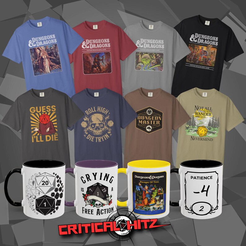 Several different RPG designs are shown printed on Mugs and T-Shirts in multiple colors. More D&D meme prints, Dungeons & Dragons vintage/retro graphics and RPG gamer gifts are available at Critical Hit Shop: RPG tabletop role play game merch and apparel.