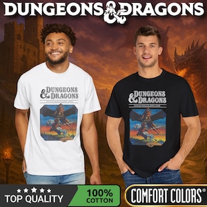 Comfort Colors T-shirt with a D&D vintage/retro 70s 80s style Dungeons & Dragons graphic. The shirt is 100% cotton, premium quality, available in 14 colors, unisex fit, plus size options. RPG tabletop role play gamer apparel.