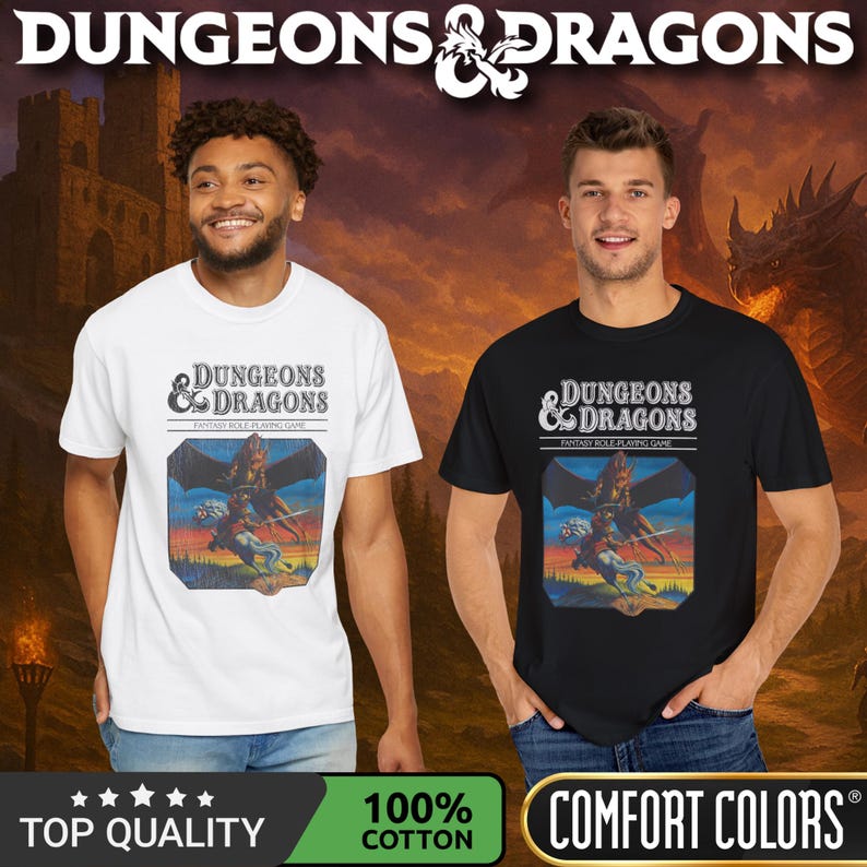 Comfort Colors T-shirt with a D&D vintage/retro 70s 80s style Dungeons & Dragons graphic. The shirt is 100% cotton, premium quality, available in 14 colors, unisex fit, plus size options. RPG tabletop role play gamer apparel.