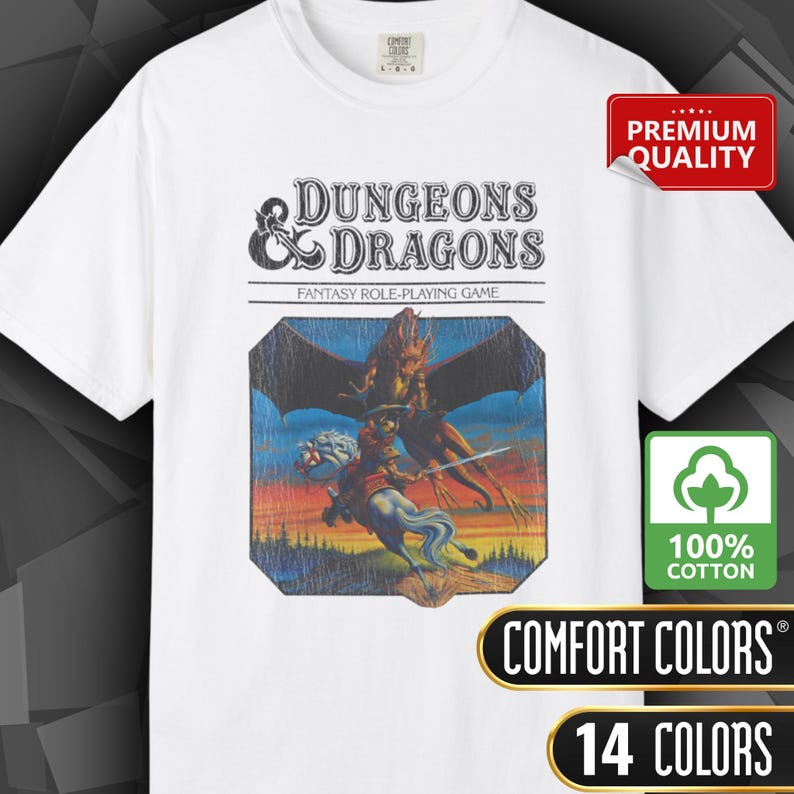 Comfort Colors T-shirt with a D&D vintage/retro 70s 80s style Dungeons & Dragons graphic. The shirt is 100% cotton, premium quality, available in 14 colors, unisex fit, plus size options. RPG tabletop role play gamer apparel.