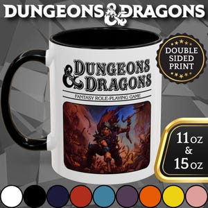 May include: White ceramic mug with a black interior and handle. The mug features the "Dungeons & Dragons" logo and a fantasy illustration. The mug is available in 11 oz and 15 oz sizes. The text "Double Sided Print" is also visible.