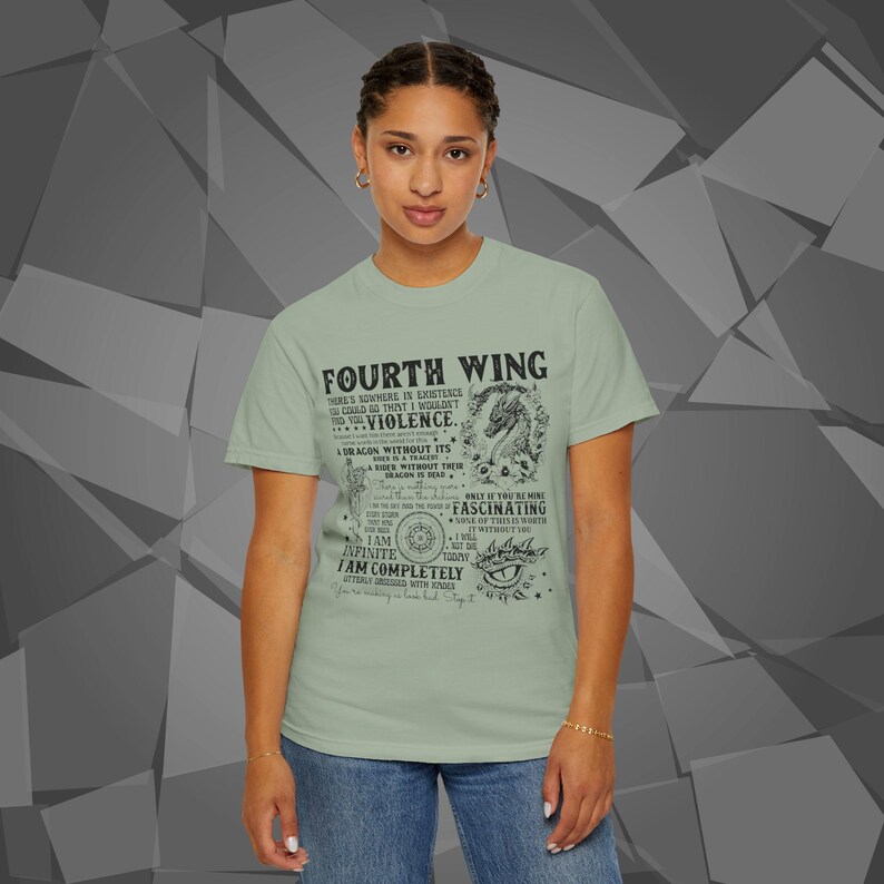 Comfort Colors unisex T-shirt featuring a Fourth Wing fantasy design inspired by the Empyrean Series. Premium quality 100% cotton shirt with a soft, relaxed fit, available in 13 colors and plus sizes. Bookish fantasy apparel inspired by Iron Flame, Onyx Storm, Basgiath War College, Dragon Riders, Fly or Die, and the Riders Quadrant, for fans of Violet Sorrengail, Xaden Riorson, and Rebecca Yarros.