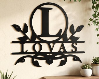 Placa com monograma personalizado, arte de parede com nome personalizado, placa de metal com nome personalizado, arte de parede com monograma de família, decoração de parede com nome de família, decoração personalizada