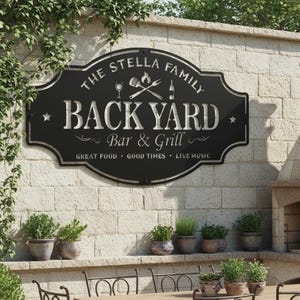 May include: Black metal sign for a backyard bar and grill, mounted on a brick wall. The sign reads "The Stella Family Backyard Bar & Grill" with decorative elements and the phrases "Great Food, Good Times, Live Music."