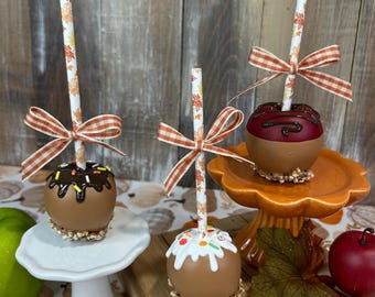 Mini faux caramel apples set of 3, tiered tray, fake treats, Fall decor, candy apples, fake caramel apple with nuts, chocolate and sprinkles