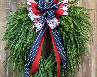 Bead grass wreath with patriotic bow, red white blue wreath, everyday greenery wreath, patriotic wreath, Fourth of July, summer decor