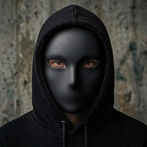 May include: A smooth, matte black full-face mask with almond-shaped eye cutouts, worn under a black hooded sweatshirt. The mask features a solid, featureless surface covering the nose and mouth, with visible brown eyes peering through the openings.