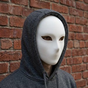 May include: A smooth white mask with almond-shaped eye openings covering the face, worn under a dark gray heathered hooded sweatshirt. The mask features a streamlined, featureless design with a defined nose bridge and no mouth or other facial details.
