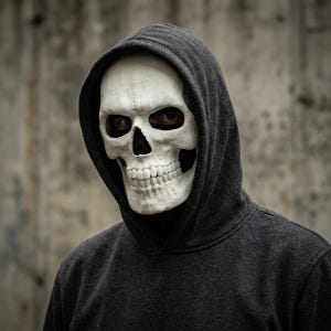 Peut inclure: Un masque de crâne blanc avec des orbites noires profondes et une mâchoire détaillée, porté sous un sweat à capuche gris anthracite foncé. Le masque couvre entièrement le visage, présentant des textures osseuses réalistes et une expression neutre.
