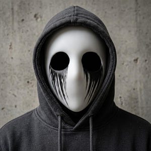 May include: A smooth white mask featuring large, hollow black eye sockets with black paint dripping downwards from the eyes. The mask is worn under the hood of a dark grey hooded sweatshirt with matching grey drawstrings hanging down the front.