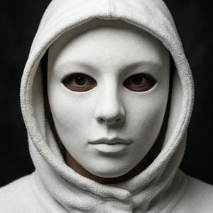 Op de afbeelding: Een effen wit masker met een getextureerd oppervlak dat het gezicht bedekt, met ovale oogopeningen die donkere ogen eronder onthullen. Het masker wordt gedragen met een witte hoodie van een zacht, fleece-achtig materiaal dat het gezicht omlijst.