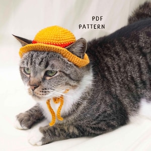 May include: A tabby cat wearing a small, crocheted yellow hat with a red brim and matching chin ties. The text "PDF PATTERN" is visible in the image. The cat is lying down on a white surface.