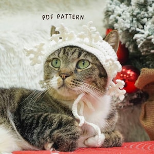 Virkmönster för snöflingekattmössa, julkattmössa, julkostym för husdjur i PDF-format, virkningshandledning för vintern, söt kattoutfit, gör-det-själv-virkningshandledning